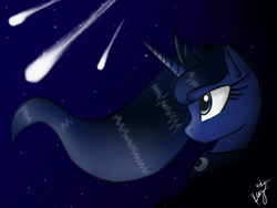 Size: 1600x1200 | Tagged: dead source, safe, artist:kyroking, character:princess luna, bust, female, portrait, profile, shooting star, solo, stars