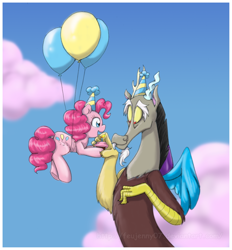 Size: 900x971 | Tagged: safe, artist:feujenny07, character:discord, character:pinkie pie, species:draconequus, species:earth pony, species:pony, balloon, clothing, cupcake, female, hat, male, party hat, then watch her balloons lift her up to the sky