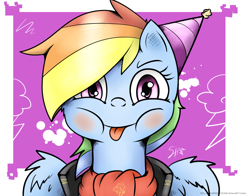 Size: 1285x1010 | Tagged: safe, artist:silverhopexiii, character:rainbow dash, clothing, female, hat, looking at you, party hat, puffy cheeks, scarf, solo, tongue out