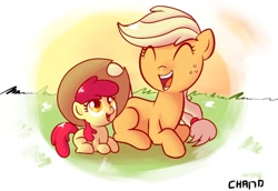 Size: 604x416 | Tagged: safe, artist:chano-kun, character:apple bloom, character:applejack, species:earth pony, species:pony, accessory swap, clothing, cute, eyes closed, female, filly, happy, hat, mare, open mouth, oversized clothes, oversized hat, prone, signature, smiling