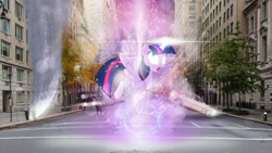 Size: 1920x1080 | Tagged: safe, artist:thegraid, character:twilight sparkle, character:twilight sparkle (alicorn), species:alicorn, species:pony, city, female, glowing eyes, irl, magic overload, mare, photo, ponies in real life, solo, vector