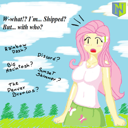 Size: 1024x1024 | Tagged: safe, artist:neutralchilean, character:fluttershy, my little pony:equestria girls, anime face, blushing, breasts, busty fluttershy, cleavage, denver broncos, female, humanized, implied discoshy, implied flutterdash, implied fluttermac, implied shipping, implied sunshyne, implying, surprised, wat