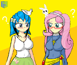 Size: 1024x866 | Tagged: safe, artist:neutralchilean, character:fluttershy, oc, oc:mayumi, my little pony:equestria girls, accessory swap, blushing, breasts, cleavage, crossover, female, humanized