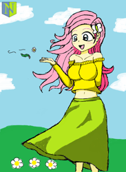 Size: 900x1229 | Tagged: safe, artist:neutralchilean, character:fluttershy, my little pony:equestria girls, belly button, blushing, breasts, busty fluttershy, clothing, female, humanized, midriff, off shoulder, skirt, solo, sweater, sweatershy