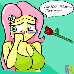 Size: 1000x1000 | Tagged: safe, artist:neutralchilean, character:fluttershy, my little pony:equestria girls, blushing, breasts, busty fluttershy, cleavage, comic, crying, dialogue, engrish, female, flower, rose, solo