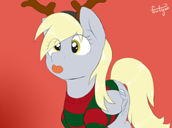 Size: 1280x948 | Tagged: safe, artist:flufgun, character:derpy hooves, species:pegasus, species:pony, christmas sweater, clothing, female, festive, mare, reindeer antlers, solo, tongue out