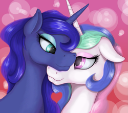 Size: 1077x951 | Tagged: safe, artist:nalesia, character:princess celestia, character:princess luna, species:alicorn, species:pony, ship:princest, abstract background, blushing, female, floppy ears, heart, incest, lesbian, looking at each other, nuzzling, shipping, siblings, valentine's day