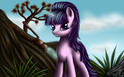 Size: 2560x1600 | Tagged: safe, artist:pony-stark, character:starlight glimmer, species:pony, species:unicorn, cloud, eyeshadow, female, glowing horn, grass, grin, looking at you, magic, makeup, mare, outdoors, s5 starlight, signature, sky, smiling, solo, staff, staff of sameness, standing, telekinesis