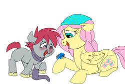 Size: 600x400 | Tagged: safe, artist:zee-stitch, character:fluttershy, oc, oc:apple core, parent:big macintosh, parent:marble pie, parents:marblemac, offspring, sick, spider, story in the source