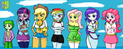 Size: 1024x410 | Tagged: safe, artist:neutralchilean, character:applejack, character:fluttershy, character:pinkie pie, character:rainbow dash, character:rarity, character:spike, character:twilight sparkle, my little pony:equestria girls, belly button, breasts, busty applejack, busty fluttershy, busty pinkie pie, busty rarity, busty twilight sparkle, cleavage, clothing, dress, female, glasses, human spike, mane seven, mane six, midriff, sweater, sweatershy