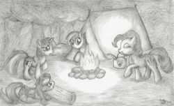 Size: 1434x871 | Tagged: safe, artist:kuroitsubasatenshi, character:fluttershy, character:pinkie pie, character:rainbow dash, character:twilight sparkle, camping, monochrome, pinkie logic, this will end in explosions, this will end in fire, this will end in tears, traditional art