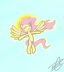 Size: 800x900 | Tagged: safe, artist:palenarrator, character:fluttershy, angel, enjoying, eyes closed, female, fluttershy the angel, flying, request, simple background, smiling, solo, spread wings, sun, wings