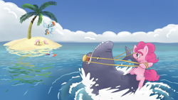 Size: 1920x1080 | Tagged: safe, artist:spicyhamsandwich, character:fluttershy, character:pinkie pie, character:rainbow dash, species:earth pony, species:pony, >.<, bridle, cloud, eyes closed, female, island, mare, ocean, palm tree, ponies riding sharks, riding, shark, tree, wallpaper