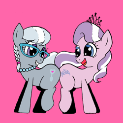 Size: 768x768 | Tagged: safe, artist:mizore43, character:diamond tiara, character:silver spoon, species:earth pony, species:pony, adorabullies, butt to butt, butt touch, cute, diamondbetes, female, filly, glasses, grin, jewelry, looking back, necklace, open mouth, pearl necklace, pink background, raised leg, raised tail, silverbetes, simple background, smiling, squee, tail