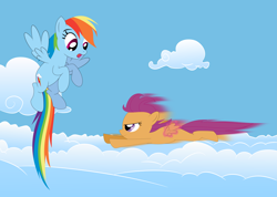 Size: 7339x5231 | Tagged: safe, artist:tgolyi, character:rainbow dash, character:scootaloo, absurd resolution, magic, scootaloo can fly