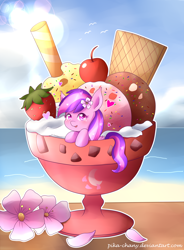 Size: 1400x1900 | Tagged: safe, artist:pika-chany, oc, oc only, oc:moonlight blossom, species:pony, beach, cup of pony, flower, flower in hair, food, heart eyes, ice cream, micro, ponies in food, solo, strawberry, wafer, wingding eyes