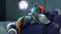 Size: 1920x1080 | Tagged: safe, artist:linormusicbeatpone, character:rainbow dash, character:soarin', species:pony, ship:soarindash, 3d, bed, cloud, cuddling, female, gmod, hug, kissing, lens flare, male, moon, night, romance, romantic, shipping, snuggling, source filmmaker, straight