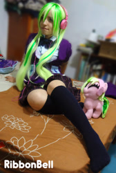 Size: 2296x3408 | Tagged: safe, artist:ribbonbell, character:lemon zest, species:human, my little pony:equestria girls, clothing, cosplay, costume, crystal prep academy uniform, headphones, irl, irl human, missing shoes, photo, photography, plushie, ponidox, school uniform, self plushidox, self ponidox, skirt, socks