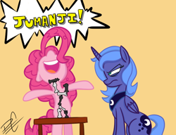 Size: 650x500 | Tagged: safe, artist:palenarrator, character:pinkie pie, character:princess luna, species:pony, angry, bipedal, cheering, chess, frown, glare, happy, jumanji, open mouth, s1 luna, sitting, smiling