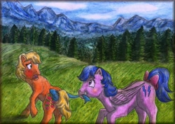 Size: 1721x1220 | Tagged: safe, artist:elfman83ml, character:applejack (g1), character:firefly, g1, accessory theft, forest, mountain, scenery, tail bow, traditional art