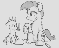Size: 1290x1055 | Tagged: safe, artist:woonasart, species:pony, fallout equestria, crossover, drug use, drugs, duo, fallout, female, filly, grayscale, jet, jet (drug), mare, med-x, monochrome, sitting