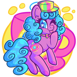 Size: 1000x1000 | Tagged: safe, artist:dolcisprinkles, species:earth pony, species:pony, g3, bow tie, clothing, eyestrain warning, female, g3betes, hat, heart eyes, looking at you, march mischief, march miscute, one eye closed, plot, simple background, smiling, solo, tongue out, transparent background, underhoof, wingding eyes, wink