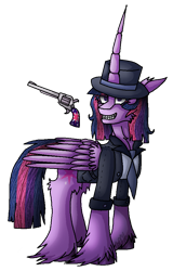 Size: 615x960 | Tagged: safe, artist:captainofhopes, character:twilight sparkle, character:twilight sparkle (alicorn), species:alicorn, species:pony, clothing, female, gun, hat, long horn, mare, solo, weapon