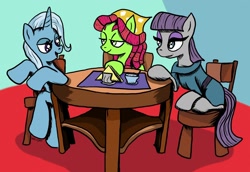 Size: 2136x1472 | Tagged: safe, artist:witkacy1994, character:maud pie, character:tree hugger, character:trixie, species:pony, species:unicorn, chair, conversation, female, mare, napkins, sitting, table, talking
