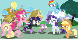 Size: 1600x813 | Tagged: safe, artist:zimvader42, character:applejack, character:fluttershy, character:pinkie pie, character:rainbow dash, character:rarity, character:spike, character:twilight sparkle, species:changeling, changelingified, invader zim, mane six, parody, species swap, style emulation