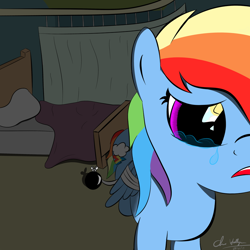 Size: 1024x1024 | Tagged: safe, artist:chrispy248, character:rainbow dash, bed, close-up, crying, dark, female, fisheye lens, hospital, injured, injured wing, solo