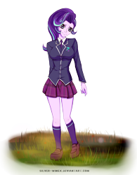Size: 2000x2569 | Tagged: safe, artist:silver-wingx, character:starlight glimmer, my little pony:equestria girls, clothing, equestria girls-ified, female, grass, nail polish, necktie, plaid, pleated skirt, school uniform, schoolgirl, shoes, signature, skirt, socks, solo