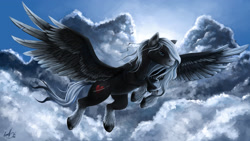 Size: 3200x1800 | Tagged: safe, artist:genbulein, oc, oc only, oc:sacred blade, species:pegasus, species:pony, backlighting, cloud, colored wings, digital art, flying, gradient wings, male, signature, sky, solo, spread wings, stallion, unshorn fetlocks, wings