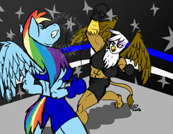 Size: 990x765 | Tagged: safe, artist:caseyljones, character:gilda, character:rainbow dash, species:anthro, species:griffon, boxing, boxing gloves, boxing ring, breasts, busty gilda, busty rainbow dash, clothing, female, fight, impact, midriff, muscles, punch, sports bra, trunks, uppercut