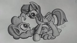 Size: 2688x1520 | Tagged: safe, artist:chrispy248, character:pinkie pie, character:twilight sparkle, character:twilight sparkle (alicorn), species:alicorn, species:pony, female, mare, monochrome, pounce