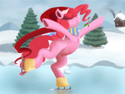 Size: 1600x1200 | Tagged: safe, artist:pajama-ham, character:pinkie pie, clothing, female, holly, holly mistaken for mistletoe, ice skates, ice skating, missing cutie mark, scarf, snow, solo, winter