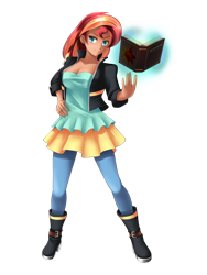 Size: 800x1066 | Tagged: safe, artist:yatonokami, character:sunset shimmer, my little pony:equestria girls, book, clothing, female, human coloration, magic, pants, simple background, solo, telekinesis, transparent background