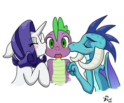 Size: 1255x1050 | Tagged: safe, artist:xenosaga428, character:princess ember, character:rarity, character:spike, species:dragon, ship:emberspike, ship:sparity, episode:gauntlet of fire, g4, my little pony: friendship is magic, blushing, cute, female, kiss on the cheek, kiss sandwich, kissing, looking at you, male, ot3, shipping, sparember, spike gets all the mares, spikelove, straight