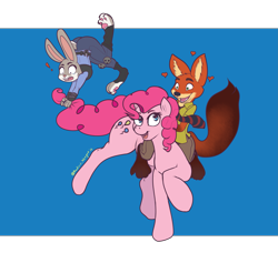 Size: 3581x3271 | Tagged: safe, artist:radicalweegee, character:pinkie pie, species:fox, species:rabbit, crossover, exclamation point, judy hopps, nick wilde, open mouth, raised hoof, simple background, tail, tail pull, wide eyes, zootopia