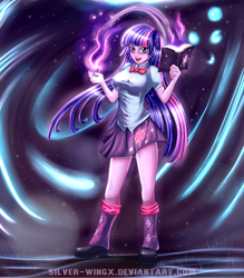 Size: 1500x1709 | Tagged: safe, artist:silver-wingx, character:twilight sparkle, character:twilight sparkle (alicorn), my little pony:equestria girls, bow tie, breasts, clothing, female, happy, magic, open mouth, pleated skirt, shoes, skirt, socks, solo, spellbook