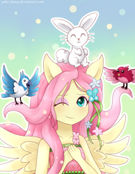 Size: 1400x1800 | Tagged: safe, artist:pika-chany, character:angel bunny, character:fluttershy, species:bird, equestria girls:legend of everfree, g4, my little pony: equestria girls, my little pony:equestria girls, heart eyes, ponied up, wingding eyes, wink