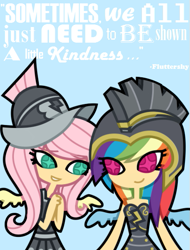 Size: 451x592 | Tagged: safe, artist:nekozneko, character:fluttershy, character:rainbow dash, ship:flutterdash, episode:hearth's warming eve, g4, my little pony: friendship is magic, armor, chibi, commander hurricane, female, helmet, humanized, lesbian, private pansy, quote, shipping, winged humanization