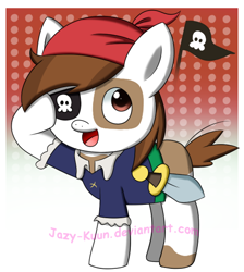 Size: 494x552 | Tagged: safe, artist:pokumii, character:pipsqueak, species:pony, clothing, cute, eyepatch, male, open mouth, pirate, salute, solo, squeakabetes, sword, weapon