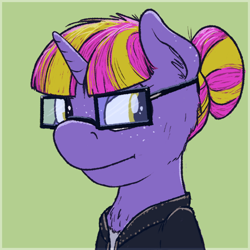 Size: 600x600 | Tagged: safe, artist:sandwichdelta, oc, oc only, oc:reboot, species:pony, species:unicorn, chest fluff, clothing, cute, ear fluff, freckles, glasses, leather jacket, solo