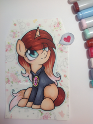 Size: 1936x2592 | Tagged: safe, artist:chelseaz123, oc, oc only, oc:cindy, species:pony, species:unicorn, clothing, copic, drawing, female, heart, hoodie, jewelry, mare, marker, marker drawing, markers, pendant, solo, traditional art
