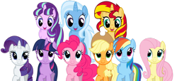 Size: 1024x465 | Tagged: safe, artist:ramseybrony17, character:applejack, character:fluttershy, character:pinkie pie, character:rainbow dash, character:rarity, character:starlight glimmer, character:sunset shimmer, character:trixie, character:twilight sparkle, character:twilight sparkle (alicorn), species:alicorn, species:earth pony, species:pegasus, species:pony, species:unicorn, counterparts, cute, dashabetes, diapinkes, diatrixes, female, glimmerbetes, jackabetes, looking at each other, looking down, looking up, magical quartet, magical quintet, magical trio, mare, open mouth, raribetes, shimmerbetes, shyabetes, simple background, smile song, transparent background, twiabetes, twilight's counterparts, vector