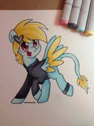 Size: 2447x3264 | Tagged: safe, artist:chelseaz123, oc, oc only, oc:azure flare, species:pegasus, species:pony, clothing, copic, drawing, hoodie, marker, marker drawing, markers, solo, traditional art
