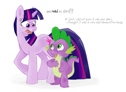 Size: 606x443 | Tagged: safe, artist:rollingrabbit, character:spike, character:twilight sparkle, character:twilight sparkle (unicorn), species:dragon, species:pony, species:unicorn, angry, dialogue, diary, duo, female, male, mare, simple background, twilight is not amused, unamused, white background