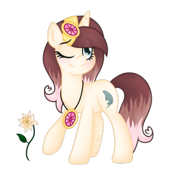 Size: 849x849 | Tagged: safe, artist:chelseaz123, oc, oc only, oc:cindy, digital art, flower, lily (flower), one eye closed, original species, raised hoof, simple background, solo, transparent background, wink