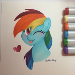 Size: 2448x2448 | Tagged: safe, artist:chelseaz123, character:rainbow dash, species:pegasus, species:pony, bust, copic, female, heart, looking at you, marker, marker drawing, markers, portrait, simple background, smiling, solo, tongue out, traditional art, white background, wink