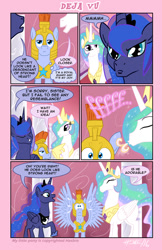 Size: 792x1224 | Tagged: safe, artist:henbe, character:princess celestia, character:princess luna, oc, oc:iron heart, species:alicorn, species:pony, comic, pity the poor stud, royal guard, royal sisters, wingboner